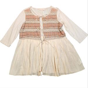 LOGO Lavish Cream Cardigan Tunic Embroidered Tie BOHO Flowy Beaded Natural NEW M